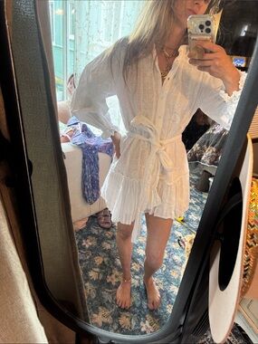 Palm Noosa White Eyelet Button-Front Tunic Dress w Tie